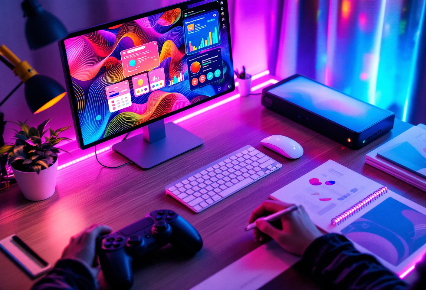 KI Kreativ- und Gaming-Workspace mit Grafiktablet, Controller und Recherchekarten